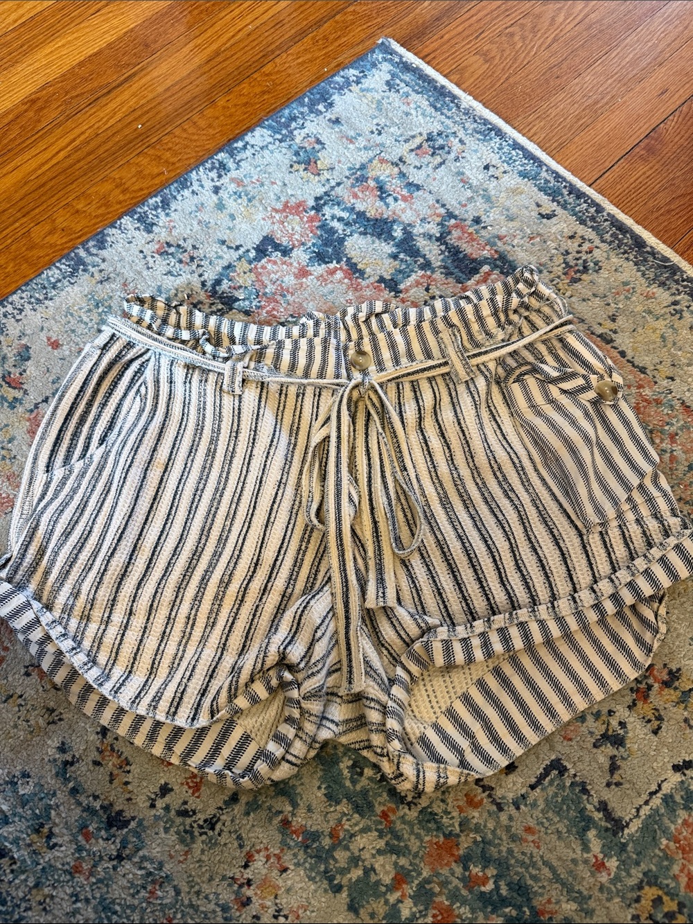 FP One Striped Paperbag Waist Shorts with Tie - Blue & Cream